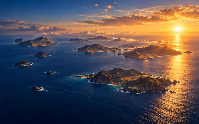 Vista aérea artística de um arquipélago vulcânico ao nascer do sol.