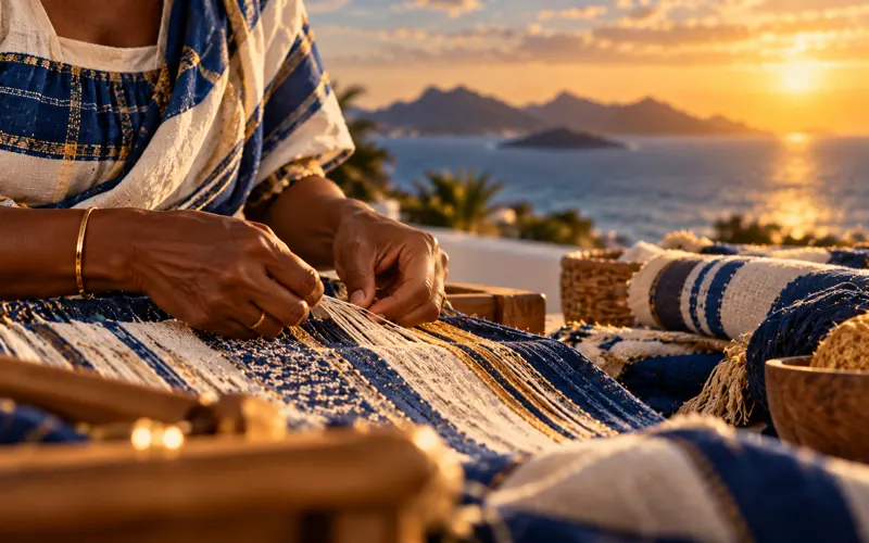 Mãos de uma tecelã a trabalhar um pano tradicional em azul e branco, com o mar e uma ilha ao fundo.