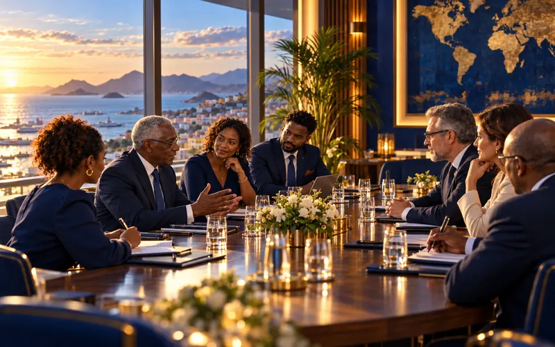 Duas delegações reunidas em torno de uma mesa de trabalho, com um mapa-mundo ao fundo e o mar ao pôr do sol.